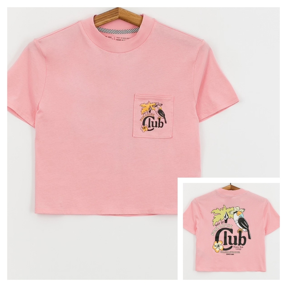 Volcom NEW Pocket Dial Tee Crop Pink Paradise Club Toucan Short Sleeve Size S